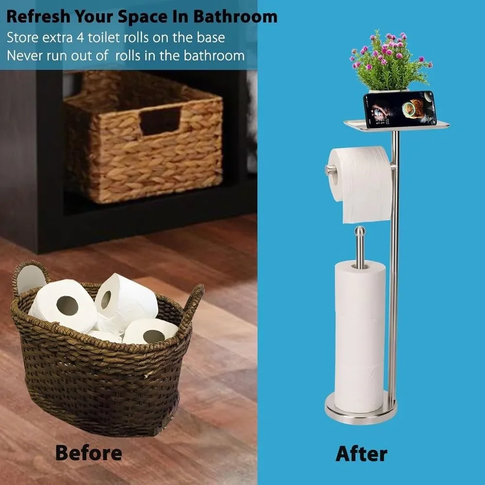 Toilet Paper Holder with Shelf, Freestanding Toilet Paper Stand with Tray for...